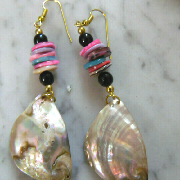 NEW~ABALONE~80'S~GOLD~STAINLESS~DANGLE EARRINGS - Picture 2 of 7